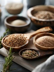 Aromatic spices arranged in wooden bowls, showcasing a variety of textures and colors perfect for culinary inspiration.