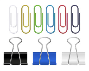 Realistic of paper clips, Bulldog clip. Colorful paper clip set. Vector colorful binder clips, paper holder, office stationery. Office supplies set or school equipment. 