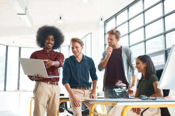 Team, diversity and laptop in office for research, planning and development for start up. Online,...