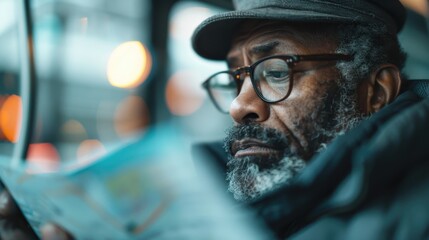 A bus passenger is reading a map while wearing a cap and glasses, showcasing the essence of travel, exploration, and the preparation involved in navigating public transport systems.