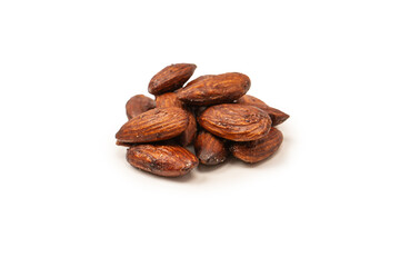 A group of caramelized almonds isolated on a white background.