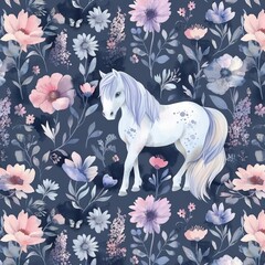 Watercolor Floral Pattern with White Horse on a Dark Blue Background