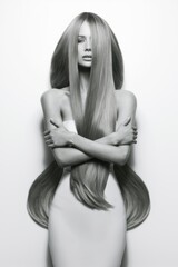 Naklejka premium A woman with long hair posing in a white dress, AI