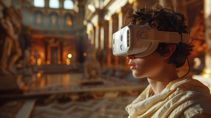 A young person wearing a virtual reality headset stands in a setting reminiscent of a historical reenactment, exploring the past through immersive technology.