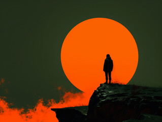 Person standing at a cliff, red sun and dark background. Minimalistic image in vector look.