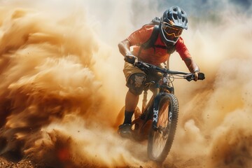 A professional cyclist rides an enduro trail bike on a dusty terrain, kicking up a cloud of dirt as they navigate the challenging course. Generative AI
