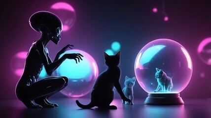 Alien Cat in Neon Outline with Futuristic Tech Elements and Glowing Effects for a Sci-Fi Inspired Design
