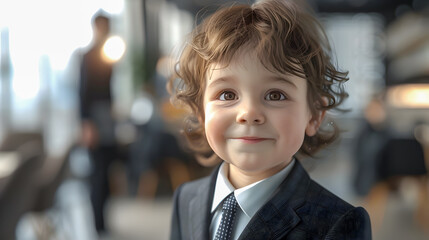 image of a confident and charming young child dressed in a business suit smiling brightly in a modern office environment with blurred figures in the background