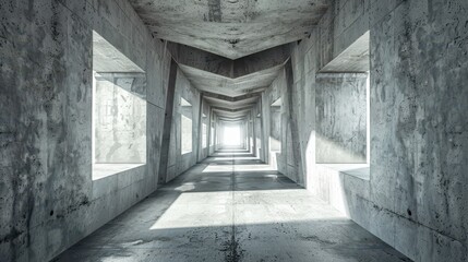 Fototapeta premium A minimalistic concrete corridor with geometric lines, leading to a bright light source, evoking a sense of space and tranquility.