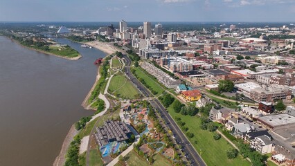 Beautiful Memphis, TN city skyline with outdoor parks, tall buildings, by Mississippi River in Southern USA