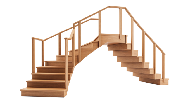 A spiral staircase made of wood isolated on a transparent background