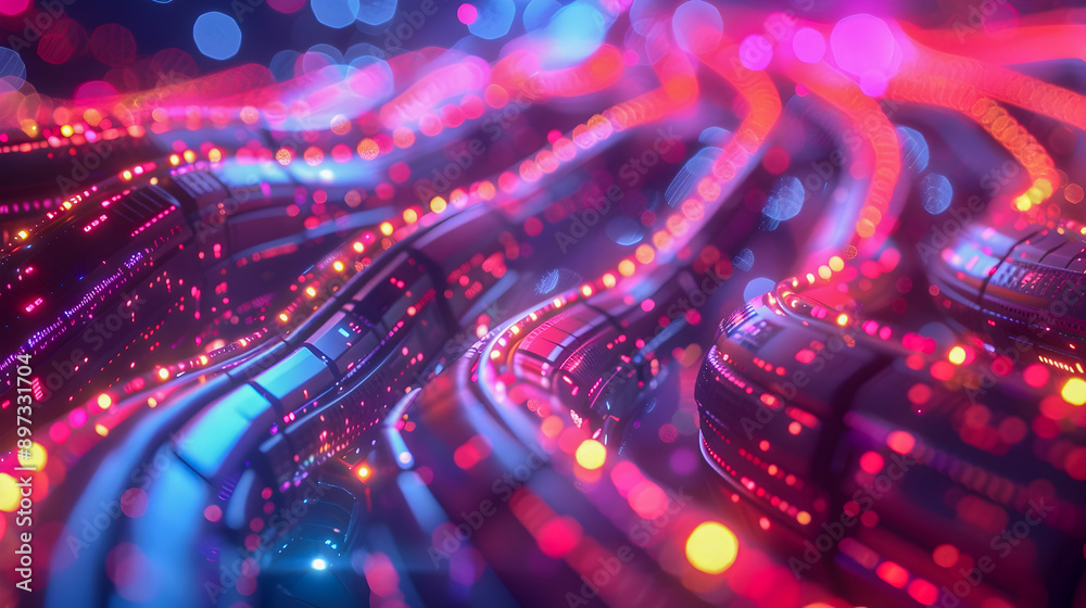 Poster futuristic high tech network scene featuring a complex array of glowing cables servers and digital c