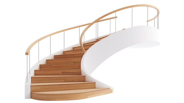 A spiral staircase made of wood isolated on a transparent background
