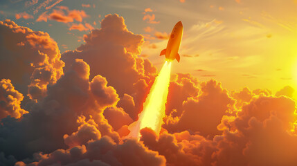 A stylized 3D of a golden rocket launching from a zigzagging arrow with a dramatic close up pose against a backdrop of vibrant clouds and a warm sunset sky