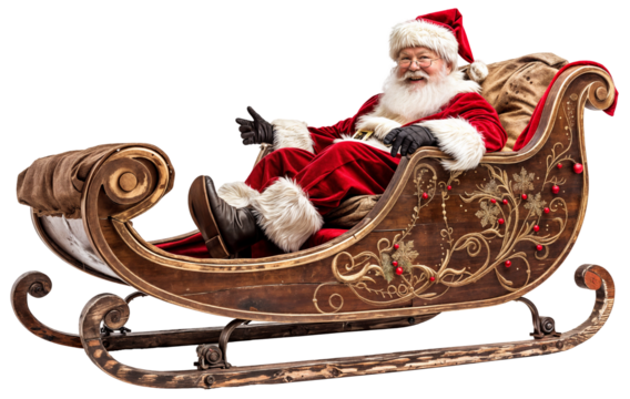 Cheerful Santa Claus in Traditional Red Suit Sitting in Decorated Wooden Sleigh Isolated on Transparent Background for Christmas Holiday Themes - Powered by Adobe