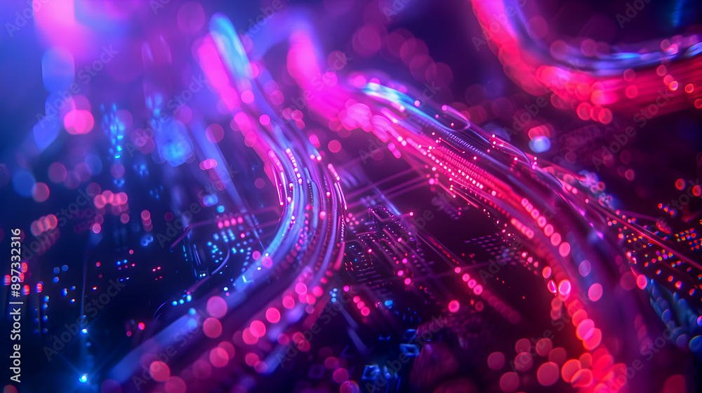 Poster futuristic scene of a glowing network of high tech cables and digital circuitry featuring a dynamic 