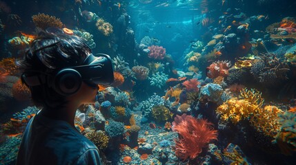 A person wearing virtual reality goggles explores a vibrant underwater world filled with coral reefs and fish.
