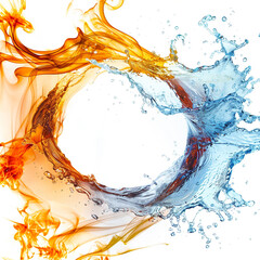 An intense clash of fire and water, forming a powerful circular shape with vivid orange flames and cool blue waves.