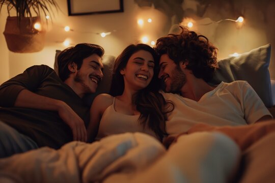 Joyful Polyamorous Relationship Relaxing Together