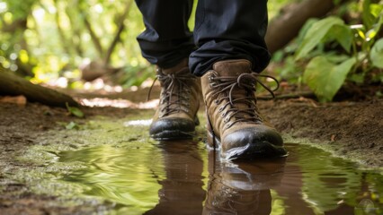 A person wearing hiking boots walking through a puddle of water, AI