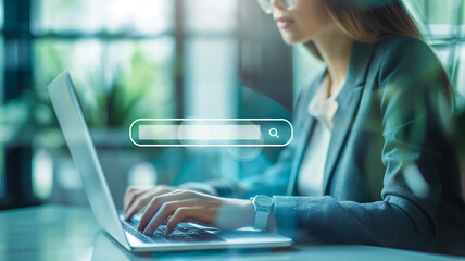 Businesswoman searching on laptop. Employee searching for ideas on the internet for business development, data searching, Internet market research strategy and plan, Employee who researches trends