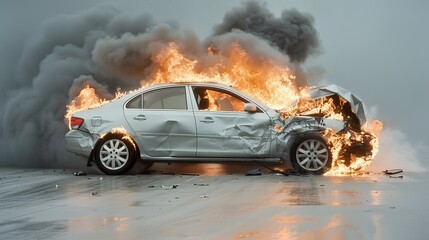 Dramatic Fiery Wreckage of Damaged Car Isolated Against White Background