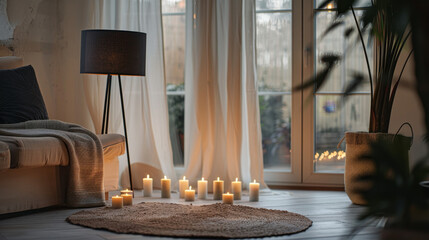 A black lamp stands beside a sofa, with a row of candles on the floor in front of a window that illuminates the boho-style living room interior.