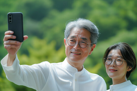 スマートフォンを使って自撮りするシニアカップル。初夏の新緑。