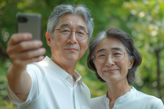 スマートフォンを使って自撮りするシニアカップル。初夏の新緑。