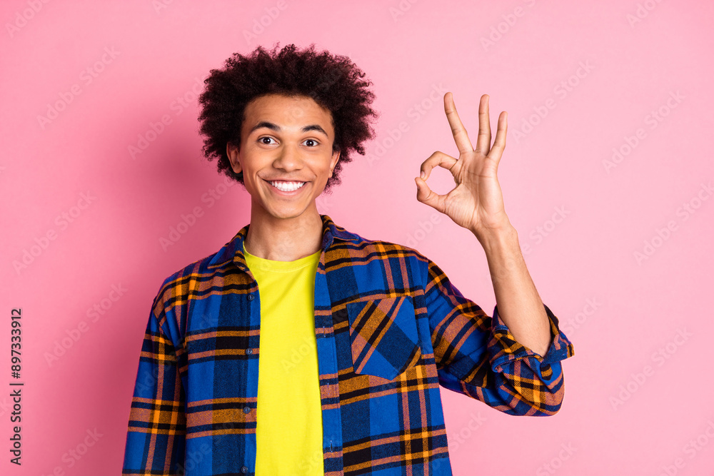 Poster Photo of positive funny nice man wear checkered clothes okey sign isolated on pink color background