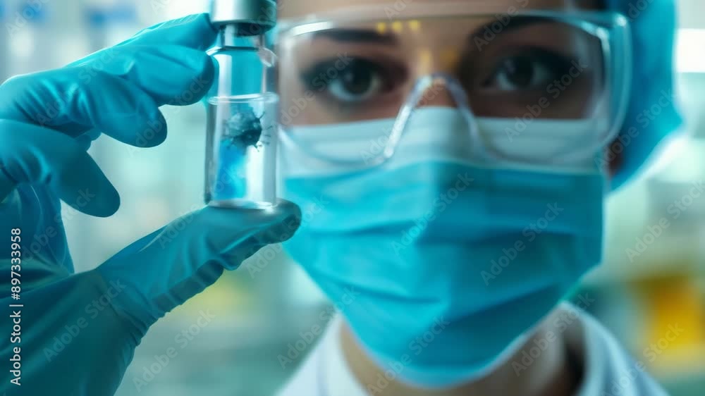 Poster scientist in protective gear holding a vial with a virus model in a laboratory. focus on scientific 