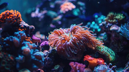 Fototapeta premium A close-up of a beautiful coral reef inside a fish tank, teeming with marine life.