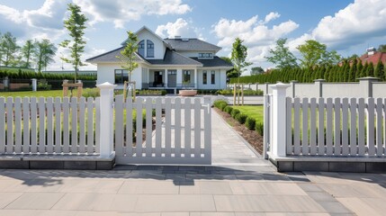 A white picket gate with two arched panels opens onto a paved driveway, leading towards a large...