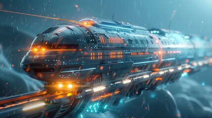 A high-speed futuristic train travels through a cosmic sci-fi landscape with glowing lights and technology.