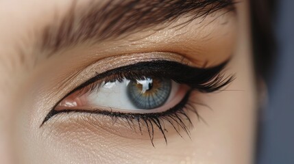 A close-up of a woman eye with perfectly applied eyeliner and mascara.
