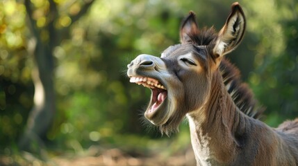 Smiling donkey in a green, leafy environment