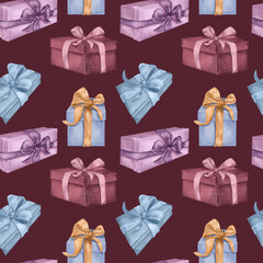 Holiday gift boxes in watercolor on seamless pattern isolated on dark. Various present boxes with ribbons hand drawn. Repeating pattern for new year design wrapping, holiday, birthday package