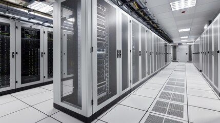 Server room with server racks, cables, raised floor tiles, and cooling units