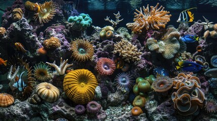 A detailed view of a marine aquarium with various invertebrates and fish.