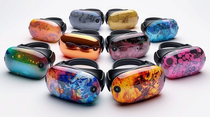 A group of standalone VR headsets with various colorful faceplates, showcasing a range of artistic designs.