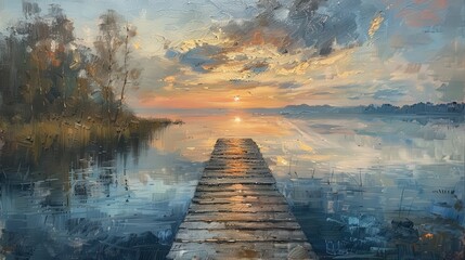 Serene Sunset Reflection on Tranquil Lake Landscape
