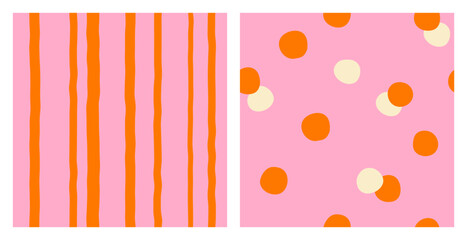 Set of seamless abstract patterns of red and white polka dots and vertical wavy stripes on a pink background, hand drawn illustration © Мария Кривецкая