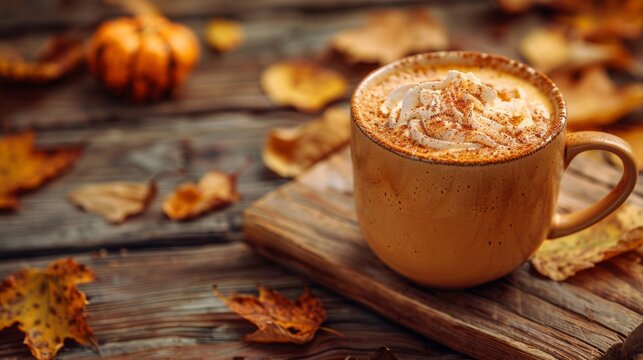 cozy fall vibes with pumpkin spice latte in a warm cup on a wooden table, capturing the essence of autumn
