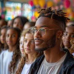 Obraz premium Unified Youth: Diverse Group of Students Engage with Male Teacher in Vibrant Classroom Setting