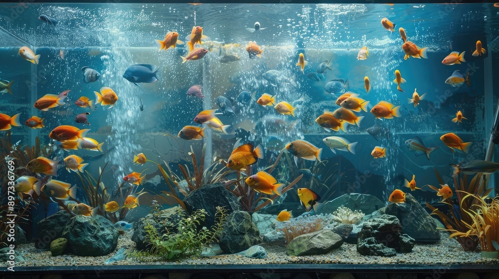 Sticker a large fish tank with a mix of tropical fish and decorative elements.