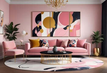 A mockup poster frame is on the wall of the living room. Luxurious apartment background with contemporary design. Modern interior design. 3D render