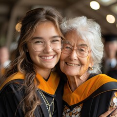 Joyful Graduation Celebration: Young Woman in Gown Hugs Older Family Member, Both Smiling Happily