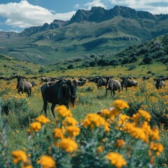 Black Wildebeest Herd in Golden Gate Highlands National Park, South Africa