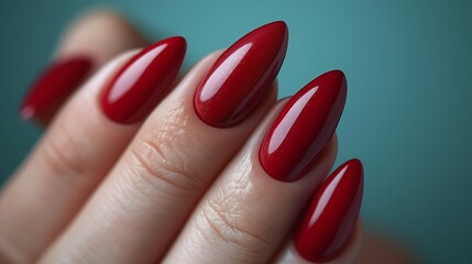 Closeup of Red Almond Shaped Nails