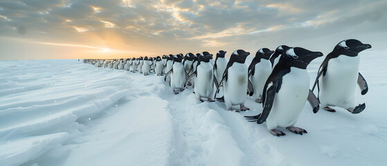 Obraz premium Aerial wide view over the Earth's South Pole Area of Photographs of Penguin reflect the daily life in various poses of wild animals in groups of families or species societies